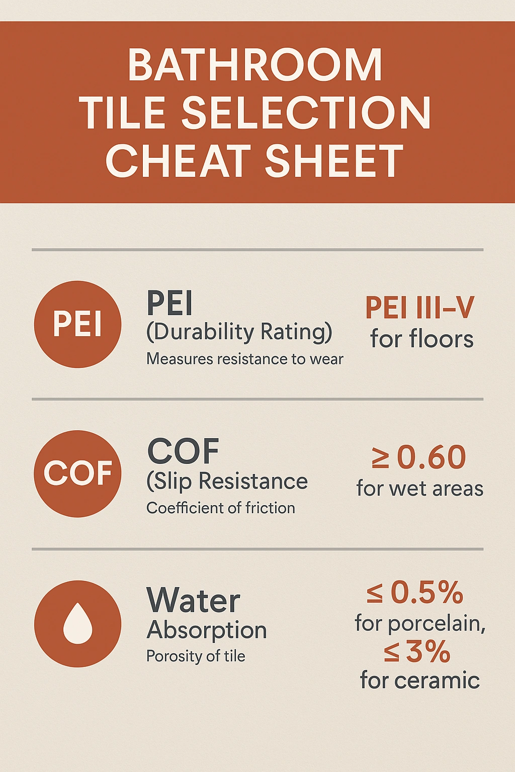 Infographic showing PEI, COF, and water absorption levels for bathroom tiles.