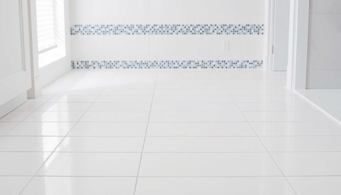 A spacious bathroom with a meticulously planned tile layout. The foreground features a grid of pristine white tiles, their smooth surfaces reflecting the soft, natural lighting. In the middle ground, a border of intricate mosaic tiles in shades of blue and gray frames the main tiled area, adding depth and visual interest. The background showcases a neutral-toned wall, allowing the tiles to take center stage. The overall composition exudes a sense of balance, order, and timeless elegance, perfectly capturing the essence of "Planning Your Tile Layout" for a beautiful, functional bathroom.