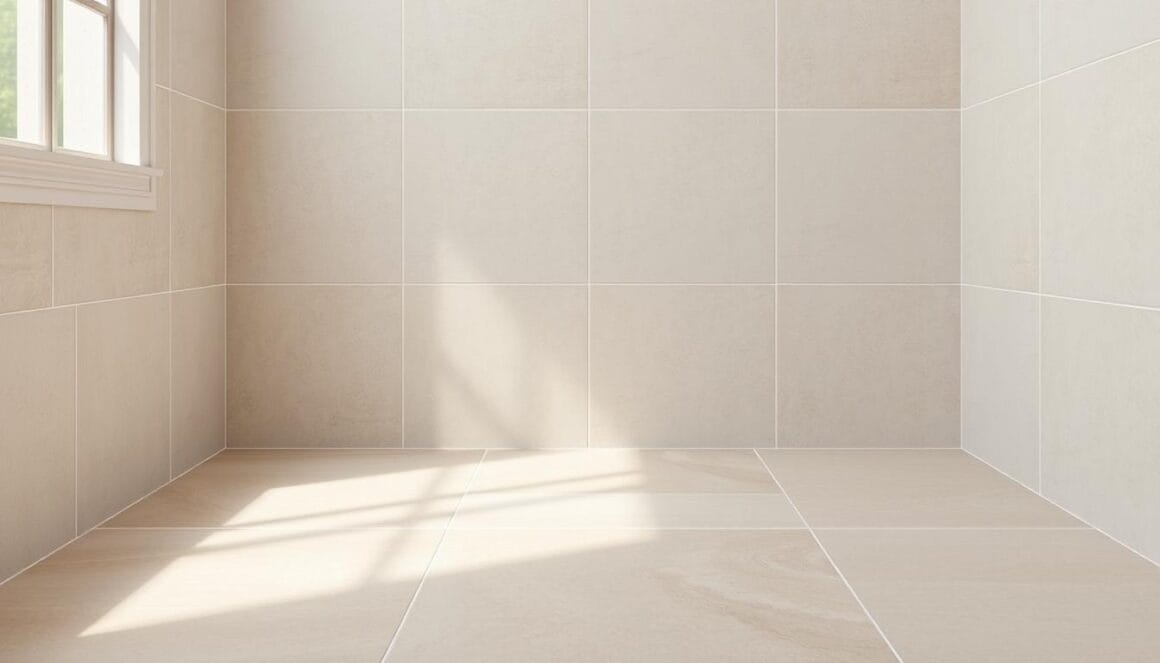 Bathroom tile design featuring a cohesive color palette of soft, earthy tones. Rectangular tiles in a muted beige hue cover the floor, with a subtle white grout line accentuating the clean, minimalist aesthetic. The walls are adorned with larger, square tiles in a complementary light gray shade, creating a harmonious and soothing visual. Subtle variations in tile texture add depth and visual interest, while soft, diffused lighting gently illuminates the space, evoking a sense of tranquility and relaxation. The composition emphasizes the tile patterns and material properties, showcasing the importance of thoughtful tile selection in crafting a beautiful and functional bathroom environment.