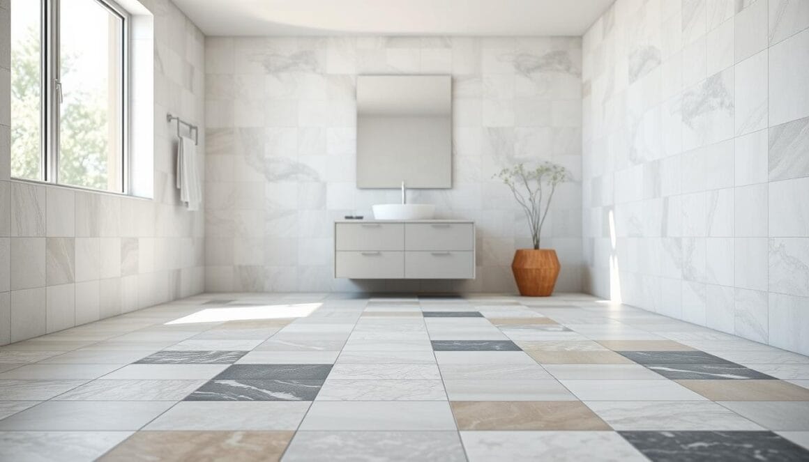 A bright, airy bathroom interior with a tiled floor and walls. In the foreground, a variety of tile samples in different colors and patterns are neatly arranged, showcasing the range of options. The middle ground features a sleek, modern vanity with a minimalist sink and faucet. The background depicts a large window, allowing natural light to flood the space and create a sense of openness. The overall atmosphere is calming and inspirational, encouraging the viewer to carefully consider the tile selection for their own bathroom renovation.