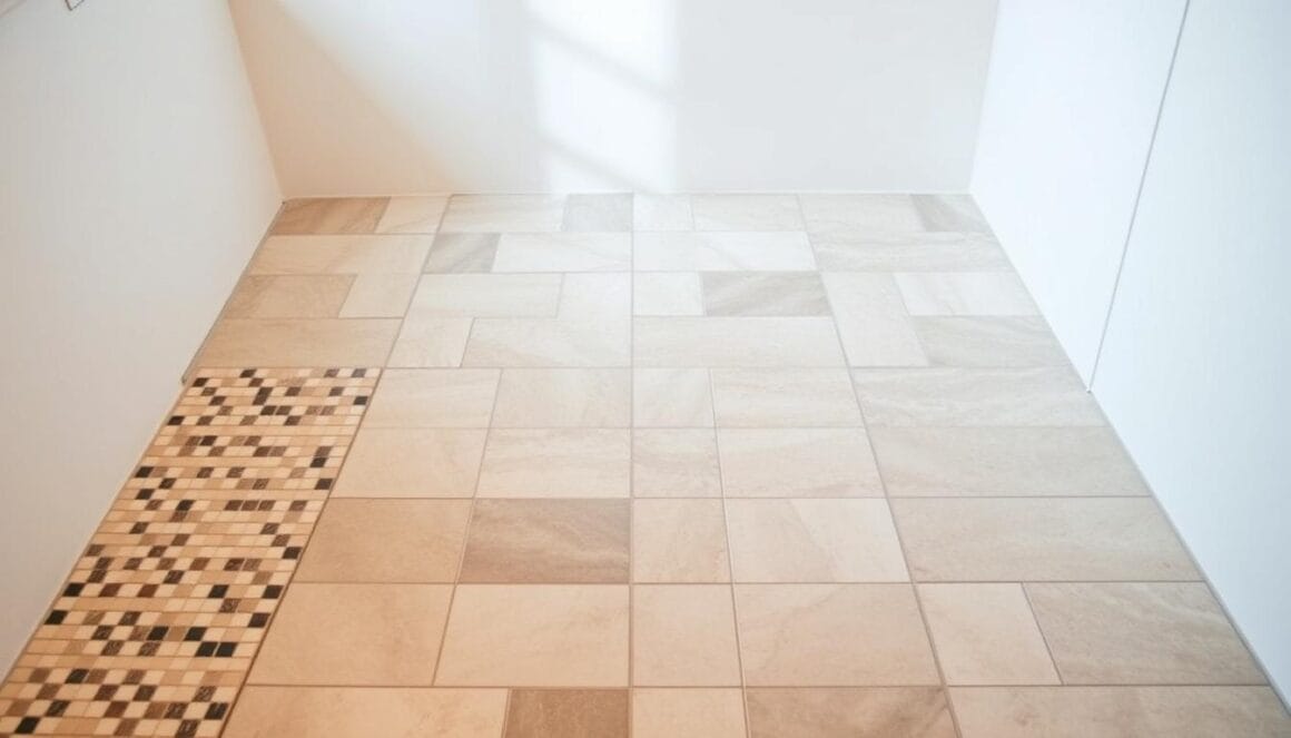 A well-lit bathroom interior, showcasing a variety of bathroom tile sizes neatly arranged on the floor. The tiles range from small mosaic squares to large rectangular slabs, showcasing the diverse options available for bathroom flooring. The tiles are arranged in a grid pattern, allowing the viewer to clearly see the differences in scale and proportions. The tiles are positioned against a plain, neutral-colored backdrop, allowing the focus to remain on the tile sizes and their visual impact. The lighting is soft and diffused, creating a warm and inviting atmosphere. The image captures the essence of the "Determining the Right Tile Size" section of the "Choosing Bathroom Tiles: A Step-by-Step Guide" article.