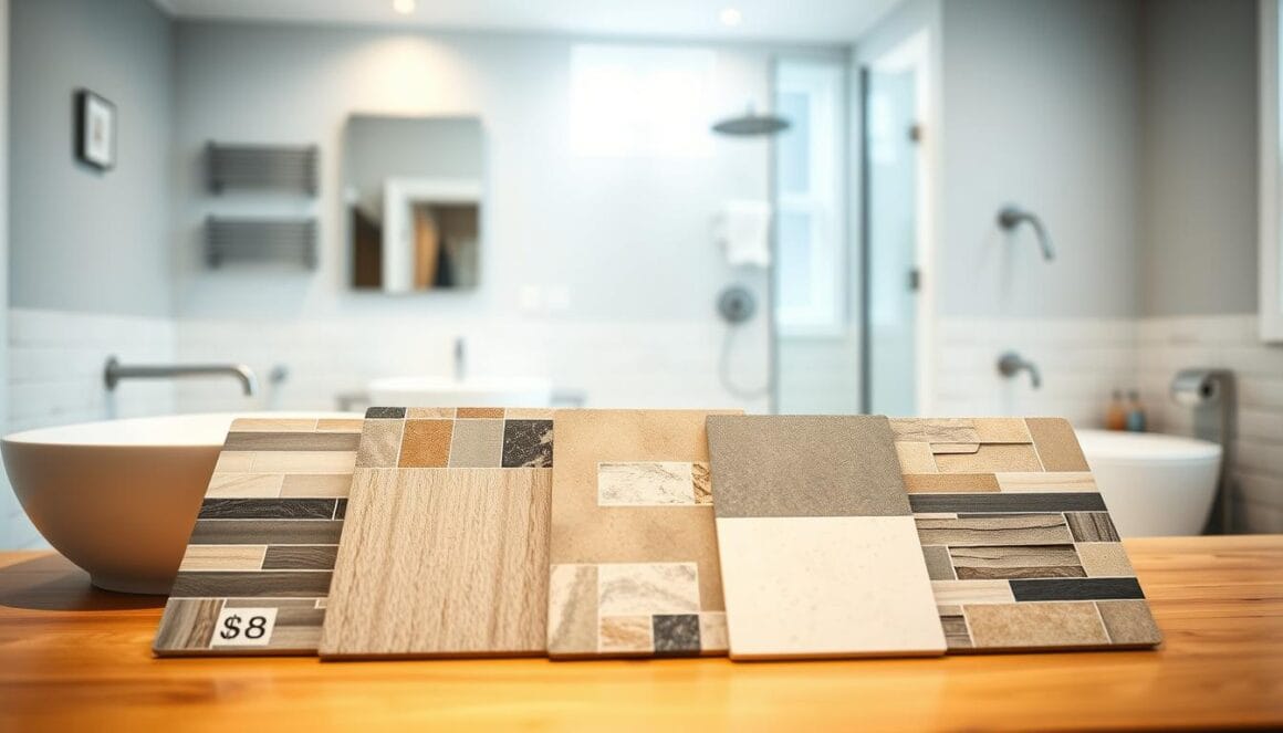 A well-lit, modern bathroom interior with a close-up view of various bathroom tile options displayed on a wooden countertop. The tiles range in color, texture, and price points, showcasing a diverse selection for budget-conscious homeowners. Soft, diffused lighting illuminates the tiles, highlighting their unique characteristics. The background is blurred, keeping the focus on the tile samples. The composition emphasizes the importance of considering cost factors when choosing the right bathroom tiles for a renovation or new construction project.