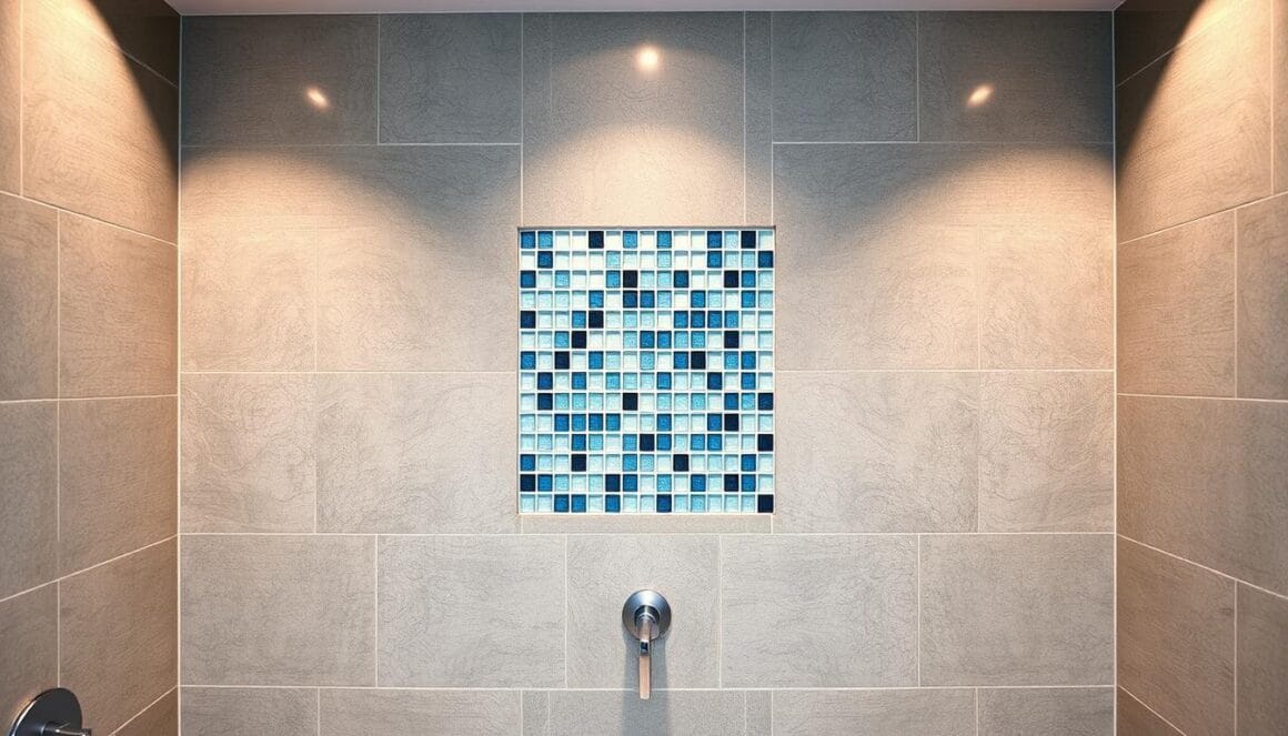 A modern, elegant bathroom tile design featuring a harmonious blend of colors and patterns. The focal point is a central mosaic tile pattern in shades of blue, creating a calming and serene atmosphere. Surrounding the mosaic are rectangular tiles in a soft, muted gray tone, providing a clean and sophisticated backdrop. The lighting is warm and diffused, accentuating the depth and texture of the tiles. The overall composition is balanced, with a subtle interplay of geometric shapes and a cohesive color palette that would complement a variety of bathroom decor styles.