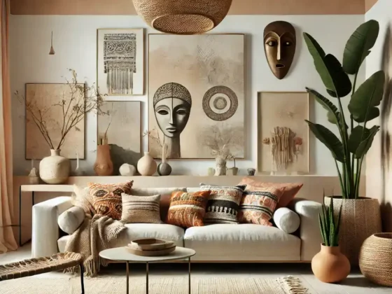 Modern boho living room with contemporary minimalism and free-spirited bohemian charm, featuring a neutral color palette, terracotta and sage green accents, rattan furniture, statement lighting, organic shapes, textured throw pillows, and global textiles for a cozy, stylish space in 2025.