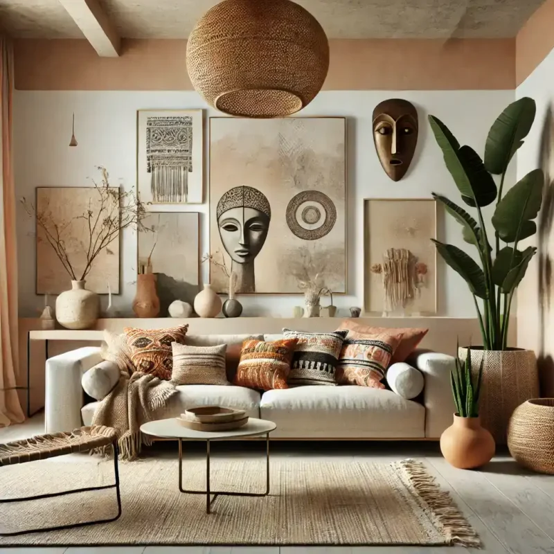 Modern boho living room with contemporary minimalism and free-spirited bohemian charm, featuring a neutral color palette, terracotta and sage green accents, rattan furniture, statement lighting, organic shapes, textured throw pillows, and global textiles for a cozy, stylish space in 2025.