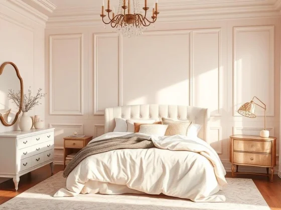 Elegant feminine bedroom with blush tones, layered bedding, and soft lighting.