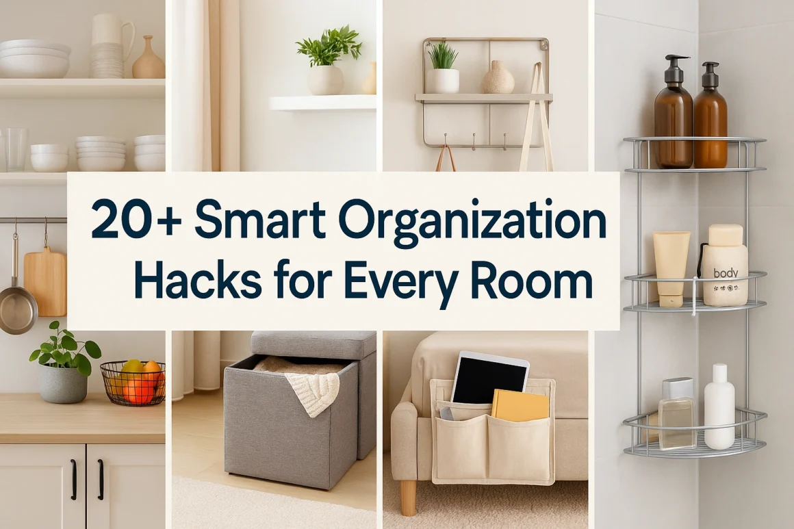 Modern organized living room with smart storage solutions, baskets, floating shelves, and cozy décor showcasing practical organization hacks for every room.