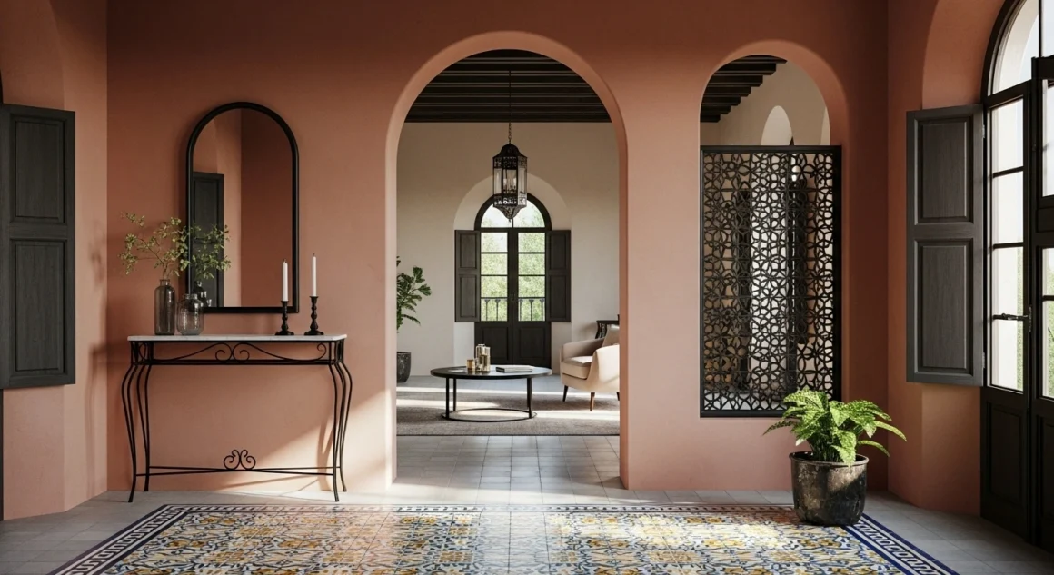 Iberian-Moorish modern interior featuring terracotta tones, azulejo tile patterns, and sleek Mediterranean geometry inspired by Spain and Morocco.