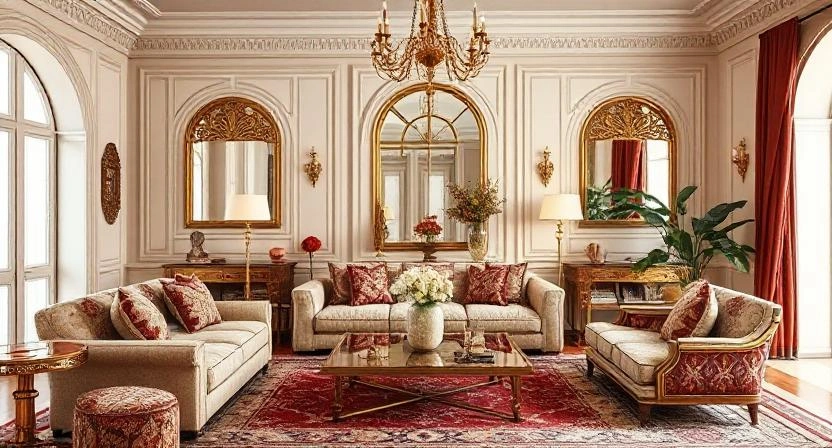 Maghrebi-French elegant interior combining Parisian sophistication with Moroccan-inspired colors, metalwork, and textiles.