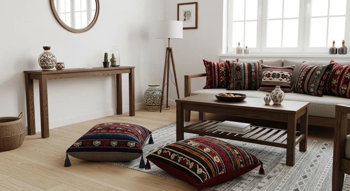 Modern Nordic-Balkan hybrid living room combining Scandinavian simplicity with Balkan handcrafted textiles and dark wood elements.