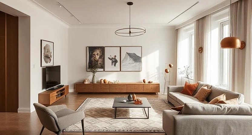 Turkish-German functionalist apartment design merging German precision with Ottoman geometric motifs and warm copper details.